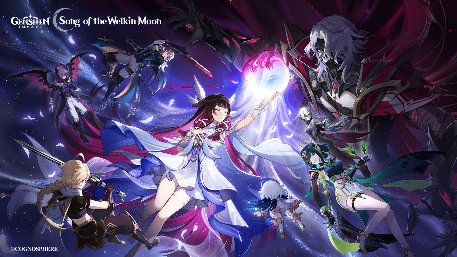 Genshin Impact Durin update featuring characters from Song of the Welkin Moon in a vibrant cosmic setting.