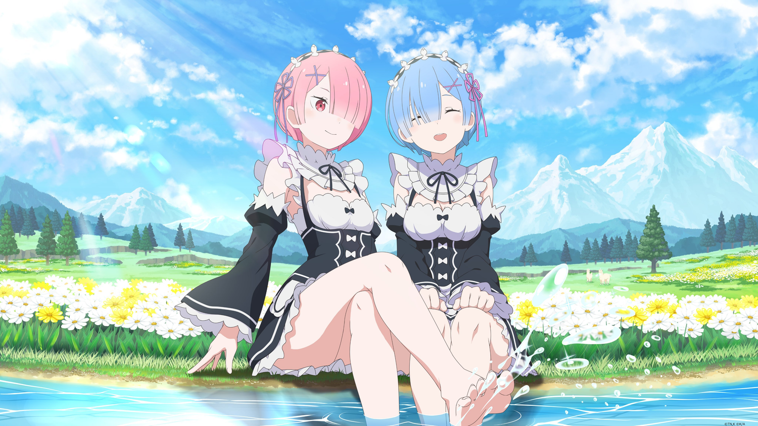 Re:Zero Rem and Ram fashion styles featuring the twin sisters in elegant maid outfits by a serene lake.