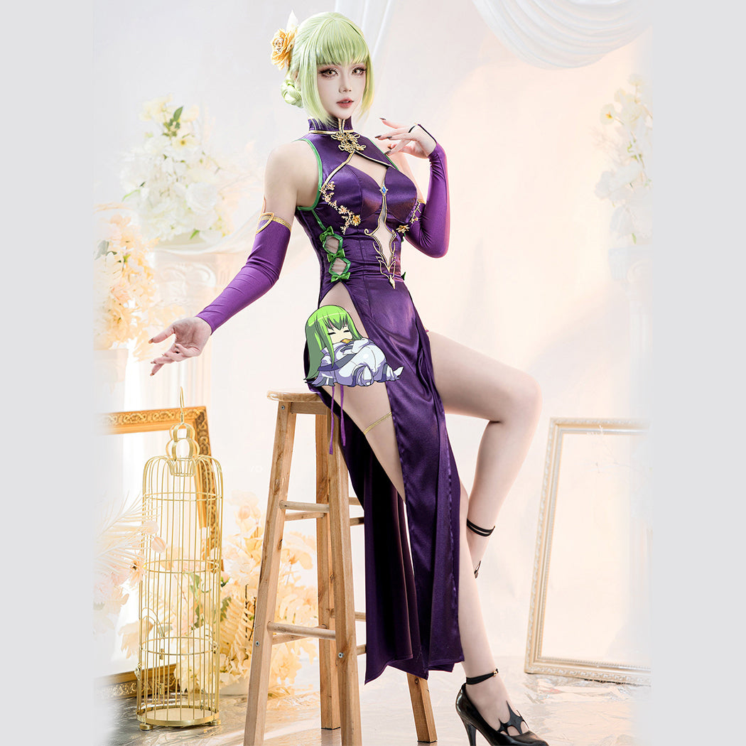 ăNekocosăAnime Code Geass Cosplay C.C. Purple Cheongsam Cosplay Costume Premium Edition | In Stock