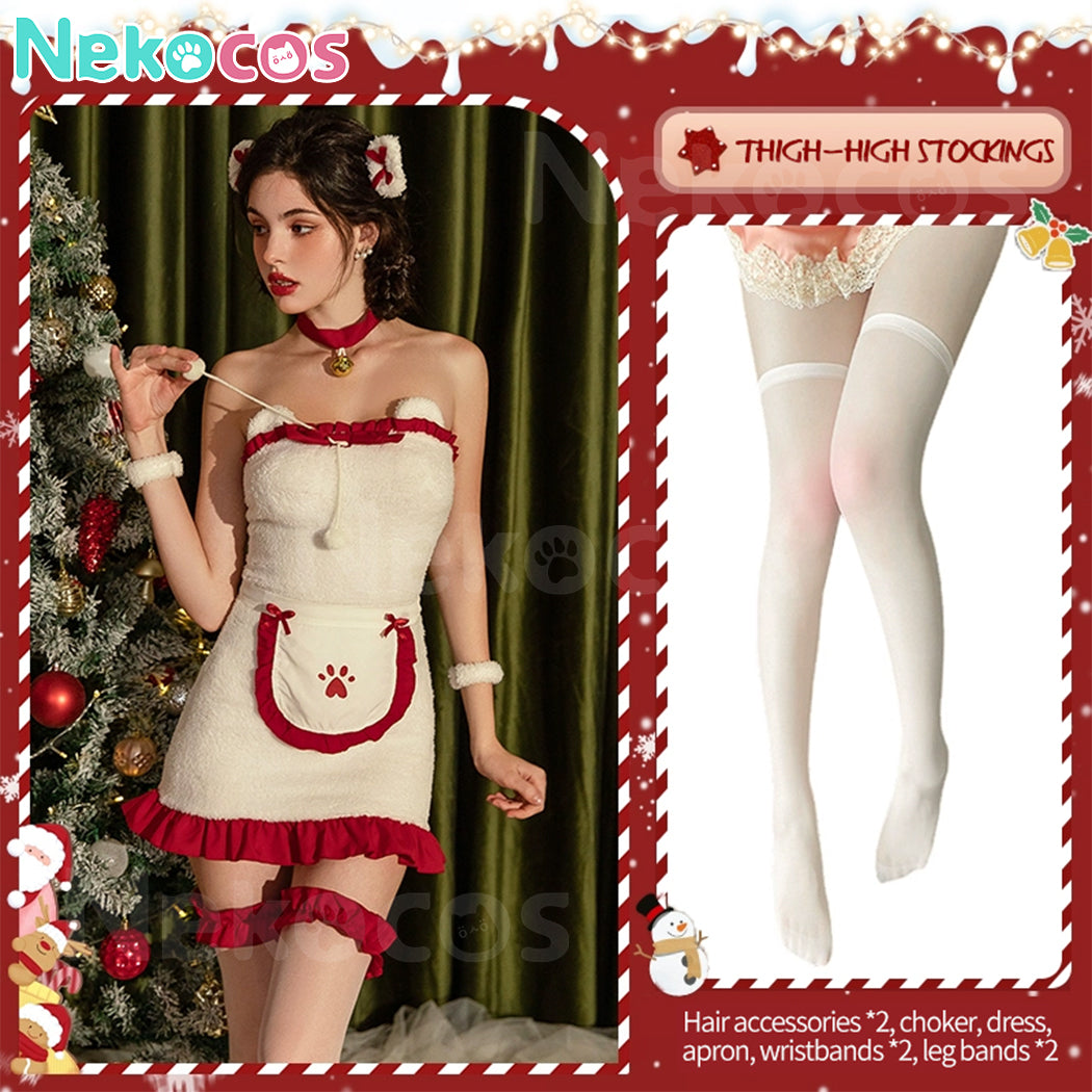 【Nekocos】Christmas Plush Bunny Ear Maid Outfit Cosplay Costume Strapless Tight Dress | In Stock