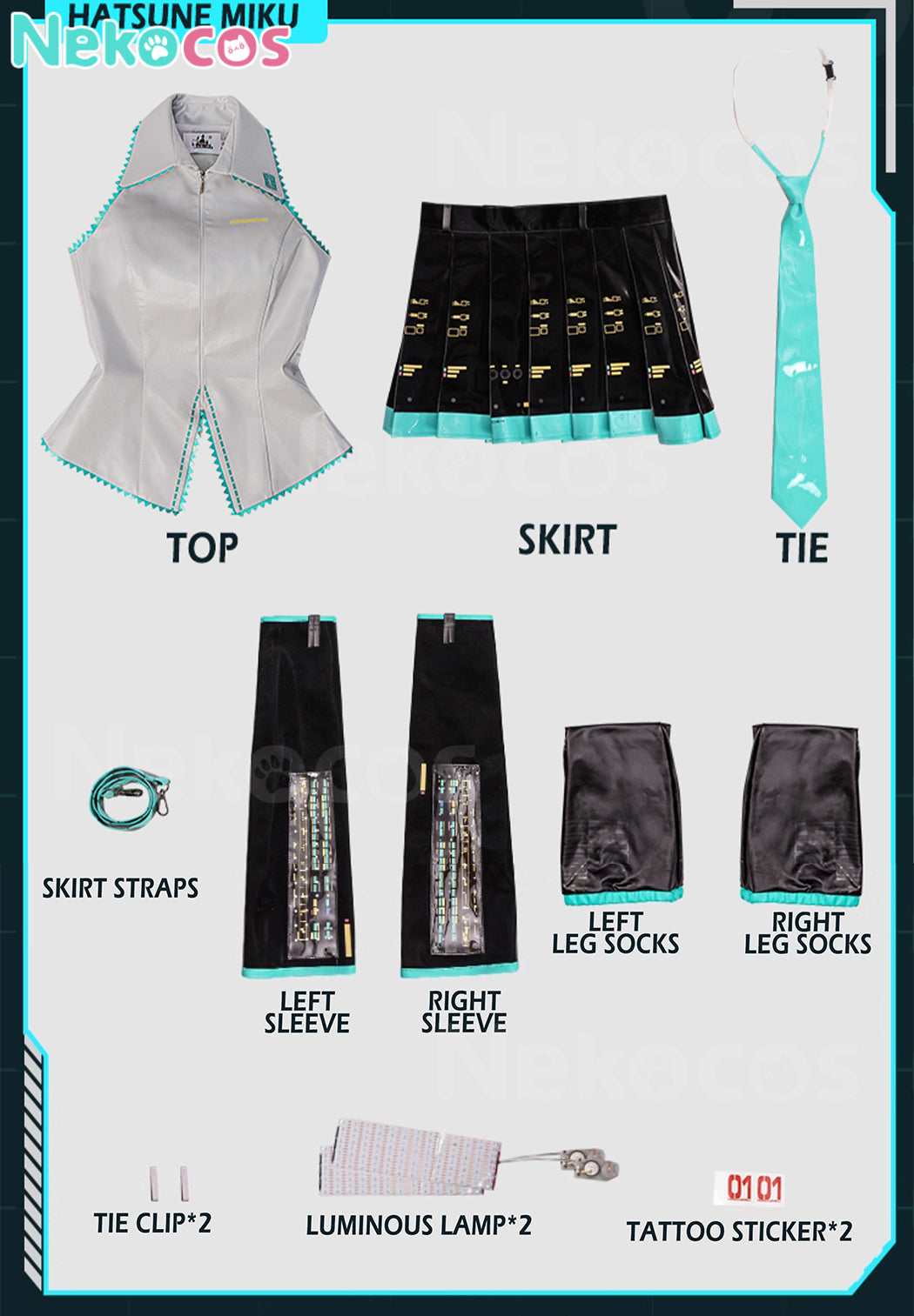 【Nekocos】Vocaloid Hatsune Miku Cosplay Miku Silver Patent Leather Cosplay Costume Premium Edition | In Stock
