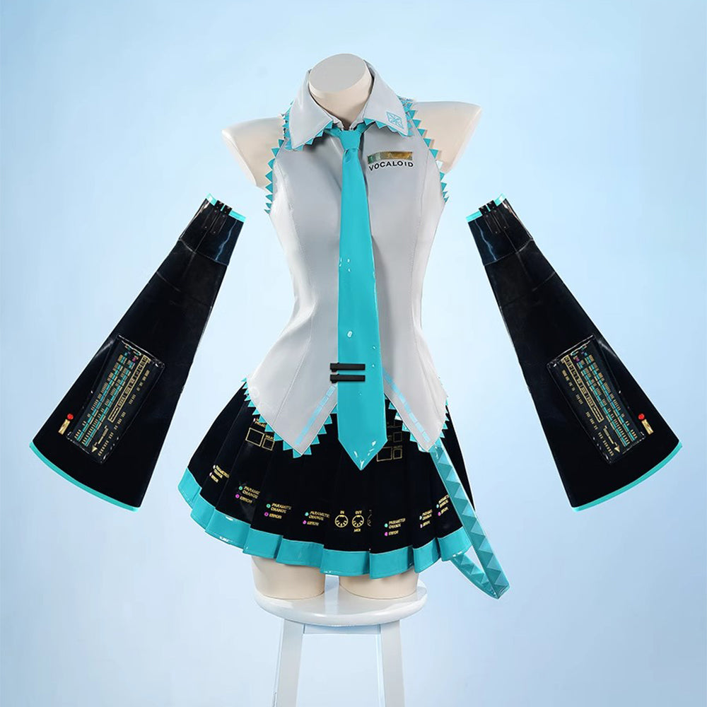 【Nekocos】Vocaloid Hatsune Miku Cosplay Gray Patent Leather Cosplay Costume | In Stock