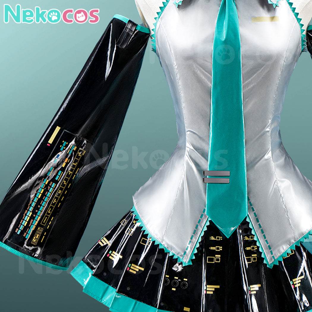 【Nekocos】Vocaloid Hatsune Miku Cosplay Miku Silver Patent Leather Cosplay Costume | In Stock
