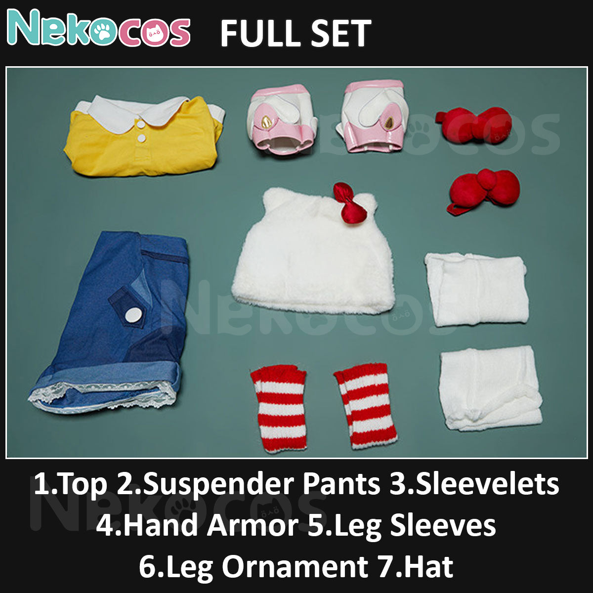 Nekocos Full Set of Game Cosplay Hello Kitty Juno Cosplay Costume including top, pants, sleeves, and accessories.