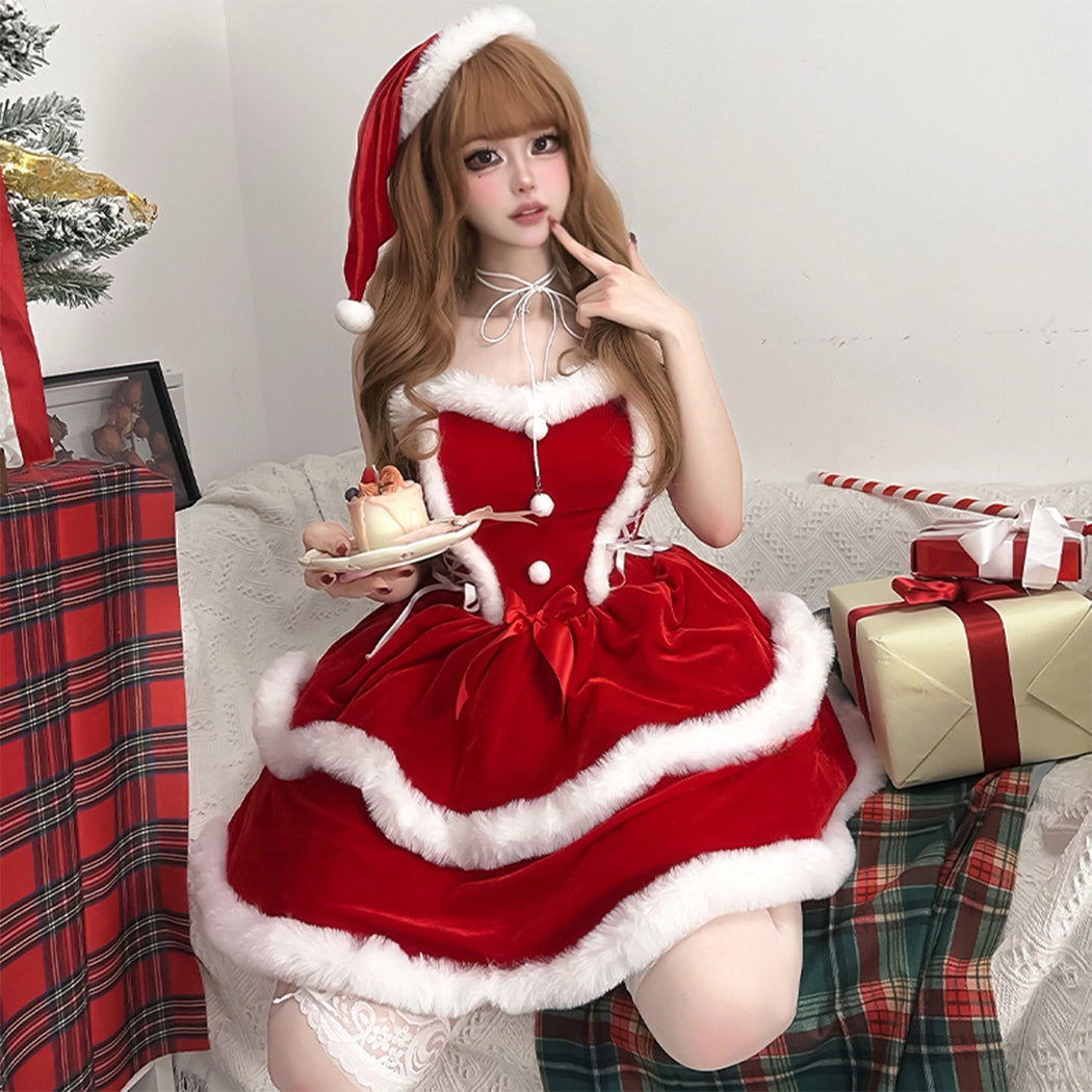 【Nekocos】Christmas Cosplay Costume Red Velvet Slip Dress | In Stock