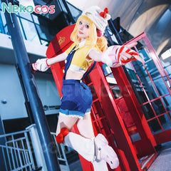 Nekocos Game Cosplay Hello Kitty Juno Cosplay Costume | Custom-Tailor model posing with vibrant outfit next to a red phone booth.