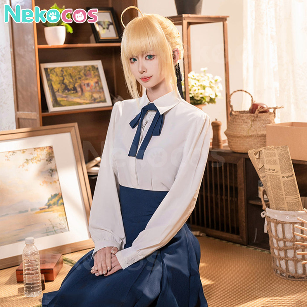 【Nekocos】Game Fate/stay night Cosplay Altria Pendragon Blue White Dress Cosplay Costume | In Stock