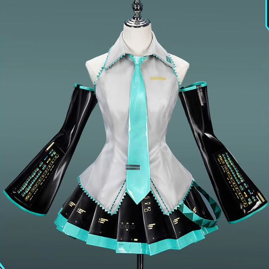 【Nekocos】Vocaloid Hatsune Miku Cosplay Miku Silver Patent Leather Cosplay Costume Premium Edition | In Stock