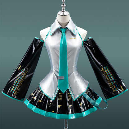 【Nekocos】Vocaloid Hatsune Miku Cosplay Miku Silver Patent Leather Cosplay Costume | In Stock