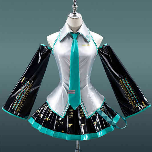 【Nekocos】Vocaloid Hatsune Miku Cosplay Miku Silver Patent Leather Cosplay Costume | In Stock