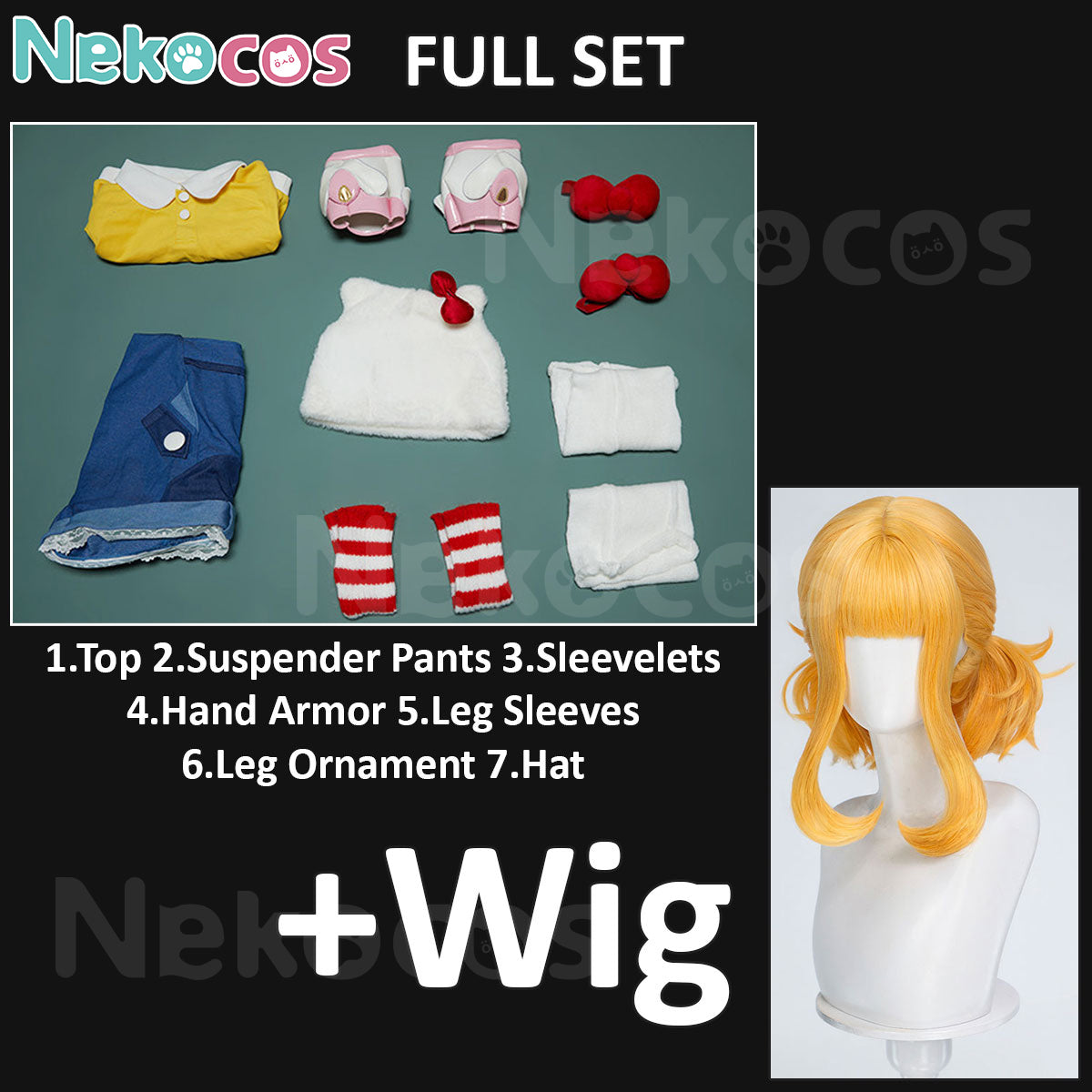 Nekocos Game Cosplay Hello Kitty Juno Cosplay Costume Full Set with Wig including top, pants, sleevelets, and accessories.