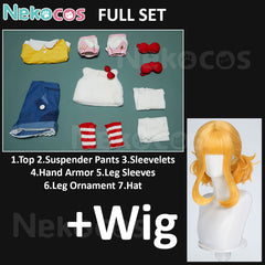 Nekocos Game Cosplay Hello Kitty Juno Cosplay Costume Full Set with Wig including top, pants, sleevelets, and accessories.
